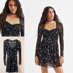 H&M Long Sleeve Mesh Black Mini Dress with Moon and Silver Star Pattern
